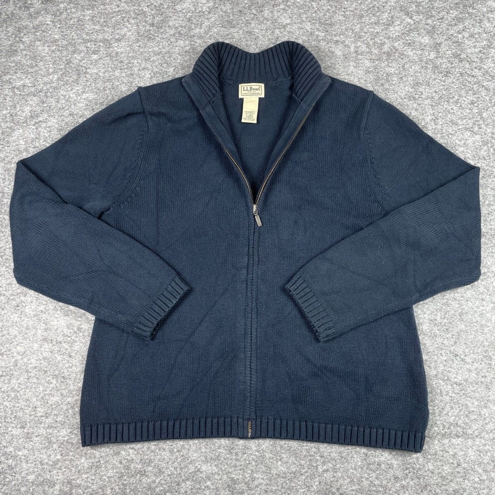VTG LL Bean Sweater Womens L Navy Blue Full Zip Mock Neck Cotton Cardigan 90s